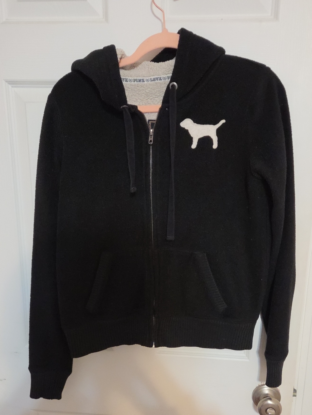 PINK Victoria's Secret Black Womans Sherpa-Lined Hoodie Vintage Y2k